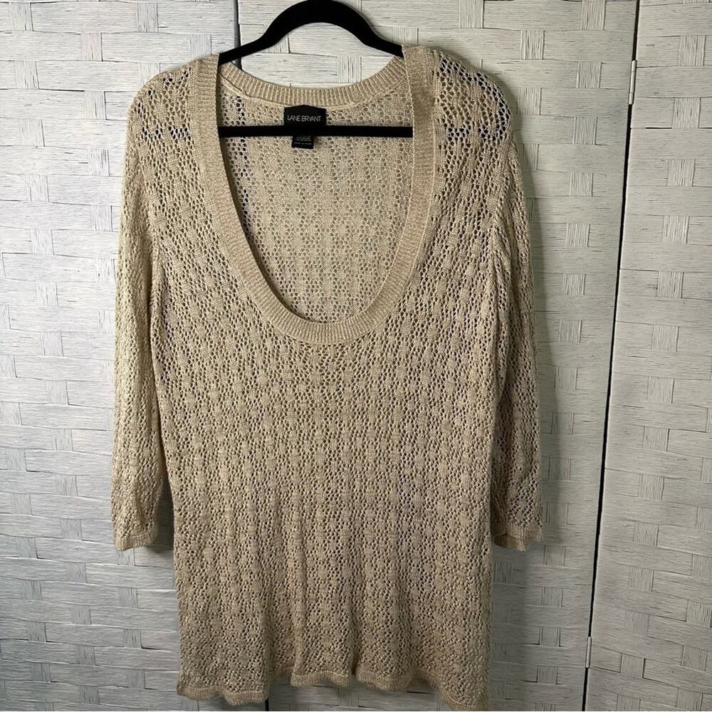 LANE BRYANT swoop neck sweater three-quarter sleeve crochet gold plus size